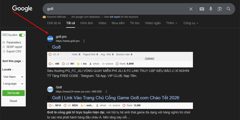 Vào đúng link Go8 như hình